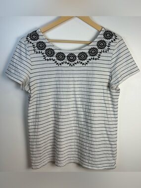 Esprit Women’s Navy & White Nautical Striped Floral Pullover Top, Size Large